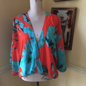 On the Road faux wrap blouse w  turquoise flowers